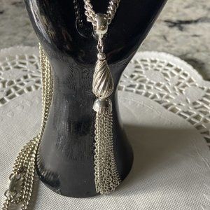 Multi Strand Silvertone Necklace with Tassel Vntg Jewelry 10in Chain 4in Tassel